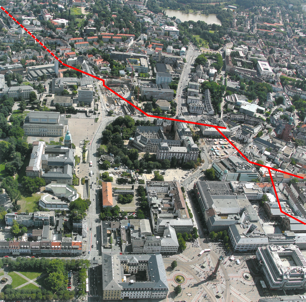 Aerial view of darmstadtium with drawn fault course.